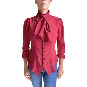 Gothic Victorian Red Ruffle Blouse – Elegant Steampunk Tie Neck Top